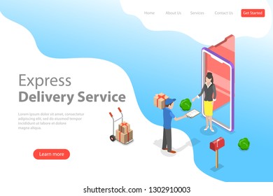 Isometric flat landing page template of express delivery service, courier service, goods shipping, food online ordering.