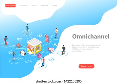 Isometric flat landing page template of cross channel, omnichannel, several communication channels between seller and customer, digital marketing, online shopping.