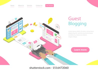 Isometric Flat Landing Page Template Of Guest Blogging, Commercial Blog Posting And Copywriting, Content Marketing Strategy.