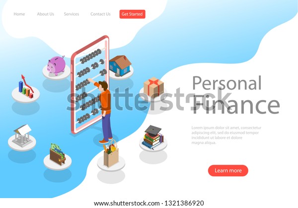 Isometric flat landing page template of personal\
home finance, budget planning, online shopping, banking and bill\
payment.