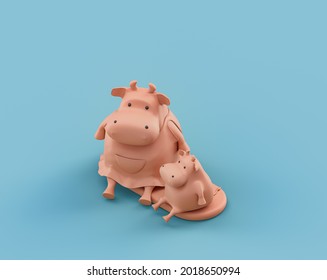 Isometric Flat Orange Color Mom And Child Pig Toy In Single Color Turquoise,blue Background, Nobody, 3d Rendering