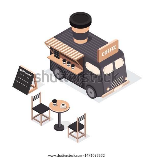 Isometric\
food trucks icons and objects. Trucks with coffee. Illustration\
street drink bus. Vintage bus. Coffee\
shop.