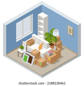 Isometric Furniture Delivery, Moving House Service Concept. Carton Boxes With Stuff. Relocation.