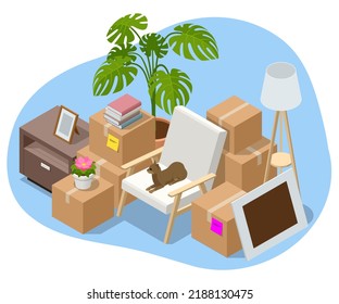 Isometric Furniture Delivery, Moving House Service Concept. Carton Boxes With Stuff. Relocation.