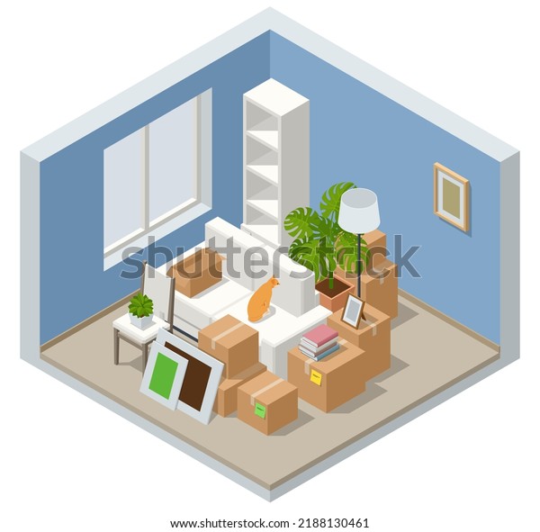 Isometric Furniture delivery, moving\
house service concept. Carton boxes with stuff.\
Relocation.