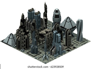 Isometric Futuristic Sci-fi Architecture, City Buildings Of The Future. 3D Rendering