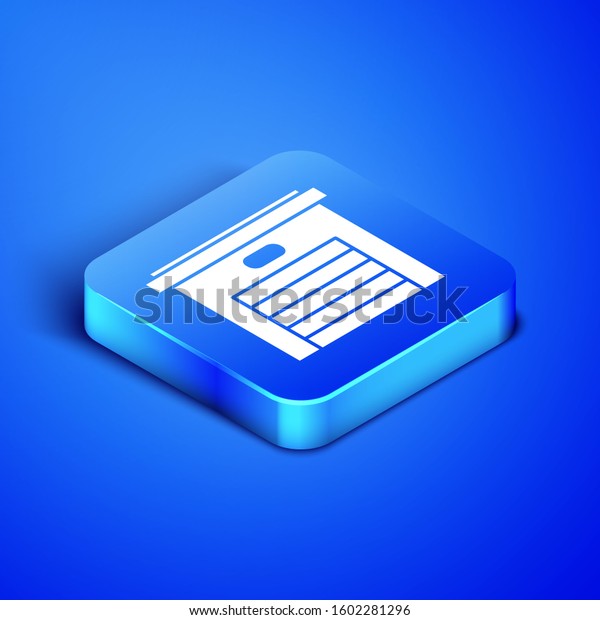 Isometric Garage icon isolated on blue background. Blue\
square button.\
