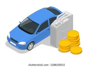 Isometric Gas Petroleum Petrol Refill Station Concept. Car, Canister And Money.