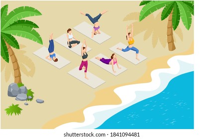 Isometric group of adults attending a yoga class outside by the sea on the beach. Healthy life concept. - Powered by Shutterstock