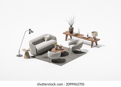 Isometric guest room interior with couch, two armchairs and wooden coffee table on carpet, bench with decoration. Copy space, 3D rendering
