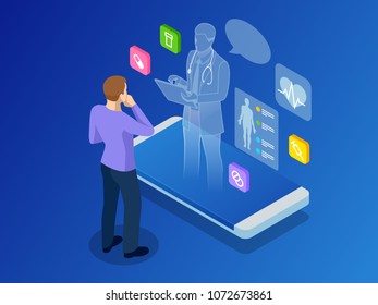 Isometric healthcare, diagnostics and online medical consultation app on smartphone. Digital health concept with a doctor standing on phone surrounded by assorted medical icons. Innovative technology. - Powered by Shutterstock