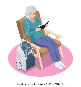 Isometric Home Medical Oxygen Concentrator. Concept Of Healthcare, Life, Pensioner. Senior Woman With Chronic Obstructive Pulmonary Disease With Supplemental Oxygen