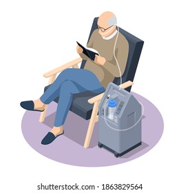 Isometric Home Medical Oxygen Concentrator. Concept Of Healthcare, Life, Pensioner. Senior Man With Chronic Obstructive Pulmonary Disease With Supplemental Oxygen