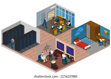 Isometric Home Rooms. Living Room, Bedroom, Bathroom, Balcony And Terrace, Hall, Garage, Dining And Kitchen, Pergola And Other