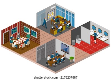 Isometric Home Rooms. Living Room, Bedroom, Bathroom, Balcony And Terrace, Hall, Garage, Dining And Kitchen, Pergola And Other