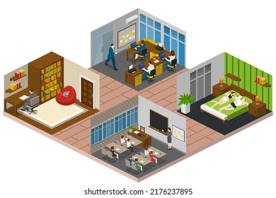 Isometric Home Rooms. Living Room, Bedroom, Bathroom, Balcony And Terrace, Hall, Garage, Dining And Kitchen, Pergola And Other