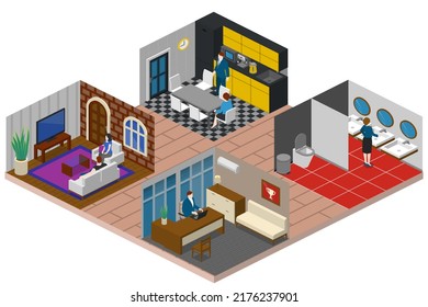 Isometric Home Rooms. Living Room, Bedroom, Bathroom, Balcony And Terrace, Hall, Garage, Dining And Kitchen, Pergola And Other