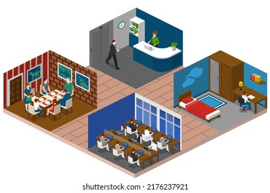 Isometric Home Rooms. Living Room, Bedroom, Bathroom, Balcony And Terrace, Hall, Garage, Dining And Kitchen, Pergola And Other