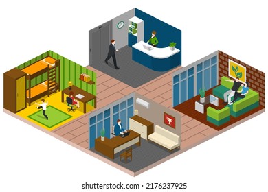 Isometric Home Rooms. Living Room, Bedroom, Bathroom, Balcony And Terrace, Hall, Garage, Dining And Kitchen, Pergola And Other