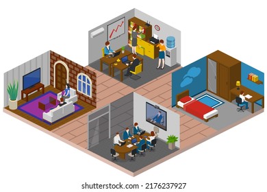 Isometric Home Rooms. Living Room, Bedroom, Bathroom, Balcony And Terrace, Hall, Garage, Dining And Kitchen, Pergola And Other