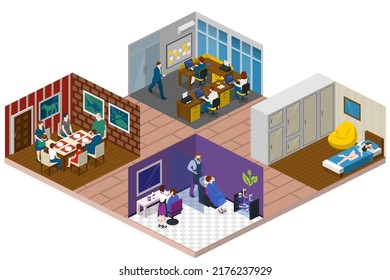 Isometric Home Rooms. Living Room, Bedroom, Bathroom, Balcony And Terrace, Hall, Garage, Dining And Kitchen, Pergola And Other