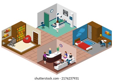 Isometric Home Rooms. Living Room, Bedroom, Bathroom, Balcony And Terrace, Hall, Garage, Dining And Kitchen, Pergola And Other