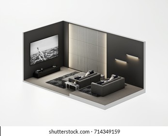 Isometric Home Theater Room Modern Luxury Interior , 3D Render