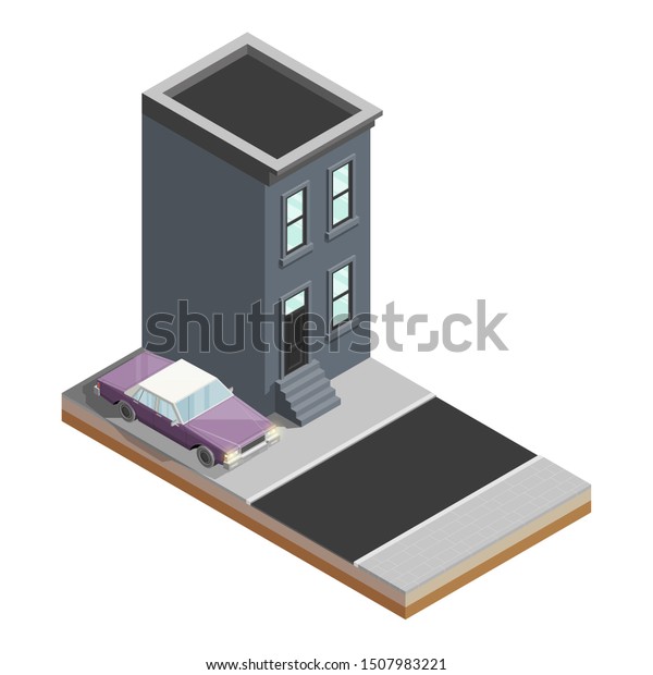 Isometric house car banner. Auto transportation\
route map, 3D automobile logistic, isometric house transport, app\
isometry home city auto car, infographic vehicle. Low poly style\
car vehicle\
model