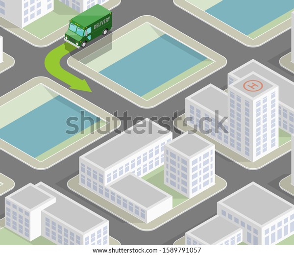 Isometric house & delivery van. Cargo truck\
transportation route, Fast delivery logistic 3d carrier transport,\
app isometry city freight car, infographic loading goods. Low poly\
style vehicle\
truck