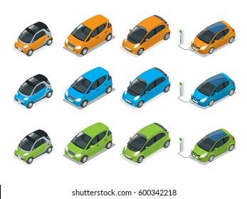 Isometric Hybrid, Electric And Mini Cars. City Cars Isolated On White Background. Flat 3d Compact Smart Car. Vehicles Isolated