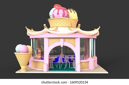 Isometric ice cream parlor or shop store building with signboard and awning