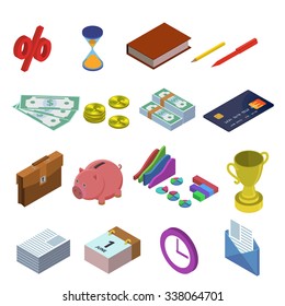 Isometric Icons For Business. Illustrations For Document, Article Or Website. Percentage Hourglass, Planner, Pen, Pencil, Money, Credit Card Portfolio, Piggy, Cup, Calendar, Clock, Writing, Graphics