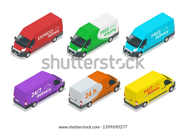 Isometric icons of delivery cars. Express, Free\
or Fast Delivery truck design\
elements.
