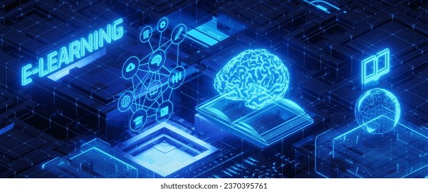 Isometric illustration of the concept of e-learning or online education. 3D rendering