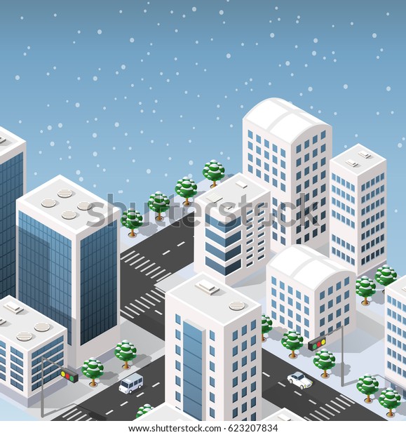 Isometric illustration of the modern 3D\
city. Winter landscape snowy trees, streets. Three-dimensional\
views of skyscrapers, houses, buildings and urban areas with\
transport roads,\
intersections
