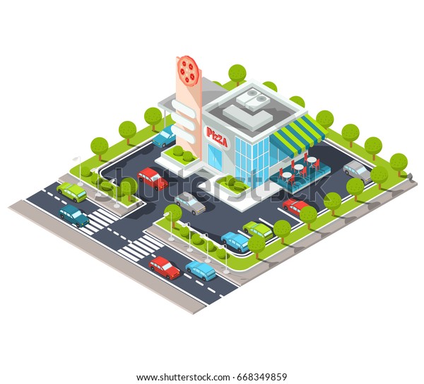  isometric illustration of a modern Italian fast\
food restaurant with parking. Isometric pizzeria with a giant pizza\
sign, Italian cuisine