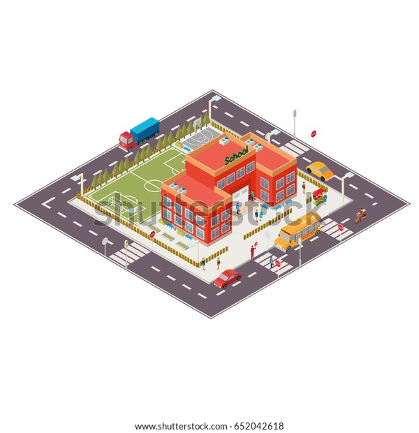 \
isometric illustration of school building with a front and back\
yard, football and basketball court, the road with\
cars