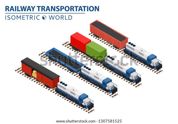 isometric illustration of a\
set of railway trains consisting of locomotives, platforms for\
transportation of containers, covered wagons, and rail cars for\
bulk cargoes.