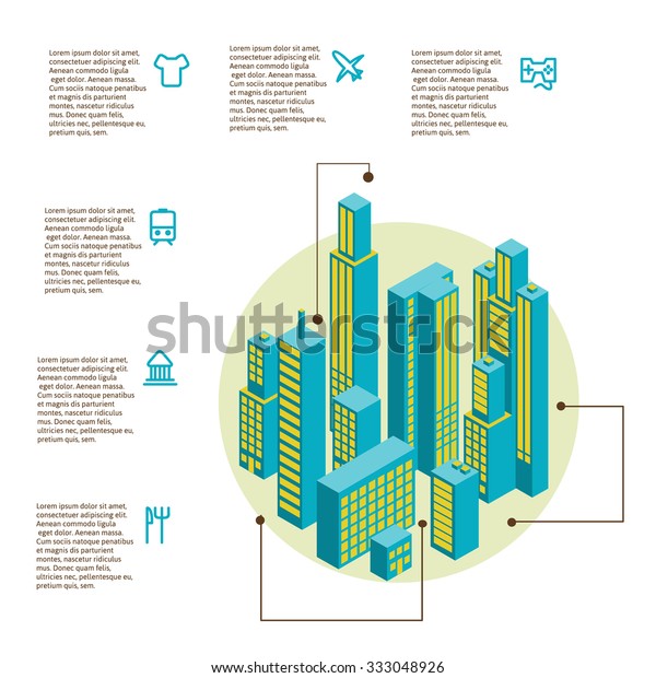 Isometric illustration of\
smartphone application with the city. infographic made of colorful\
buildings.