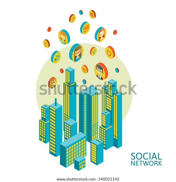 Isometric illustration of
smartphone application with the city. infographic made of colorful
buildings.