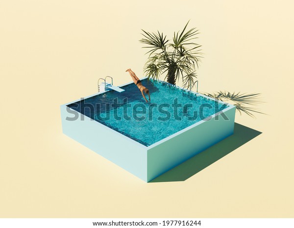 isometric illustration of\
swimming pool with springboard and person jumping into the water.\
3d render