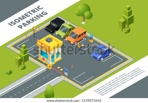 Isometric illustrations of urban paid parking with\
various cars