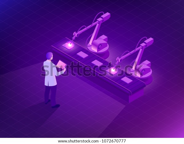 Isometric\
Industrial robot working in factory. Man holding a tablet with\
Augmented reality screen software and of automate wireless Robot\
arm in smart factory background,\
illustration