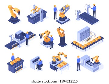 Isometric industrial robots. Assembly line machines, robotic arms with engineer workers and manufacturing technologies. Mechanic industry factory scanner. Isolated 3d  icons set