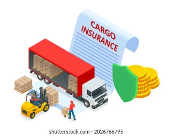 Isometric Insurance Policy Concept. Logistics And Delivery. Delivery Home And Office. City Logistics. Online Express, Free, Fast Delivery, Shipping. Protection From Danger, Providing Security.