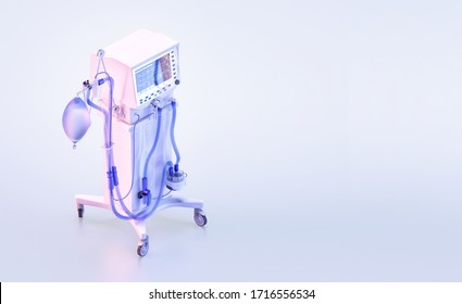 Isometric Intensive Care Unit For Covid-19 Coronavirus Patient. Medical Ventilator, Artificial Lung Ventilation, Pneumonia Caused By Corona Virus Covid19 Pandemic, 3D ICU Ventilator Hospital Treatment