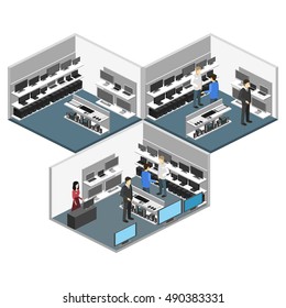 Isometric interior of Computer store. Flat 3D  illustration.