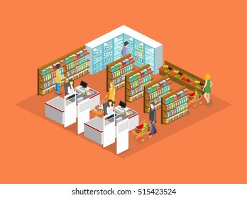 Isometric Interior Of Grocery Store. Shopping Mall Flat 3d Isometric Concept Web Illustration.