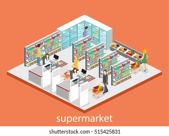 Isometric Interior Of Grocery Store. Shopping Mall Flat 3d Isometric Concept Web Illustration.