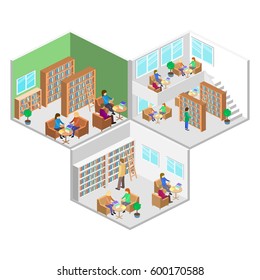 isometric interior of library. Flat 3D illustration.